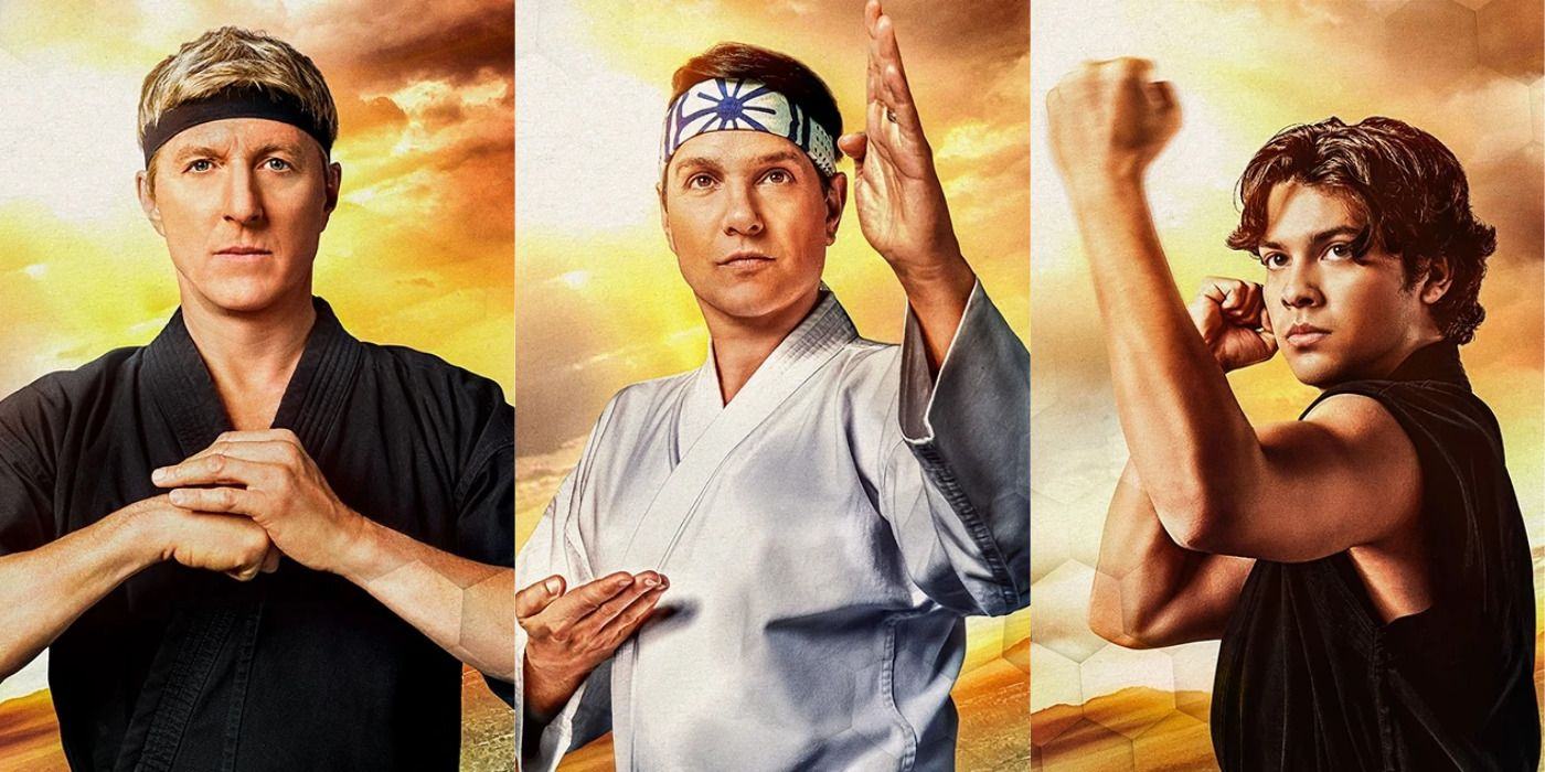 Split image of Johnny, Daniel and Miguel in Cobra Kai