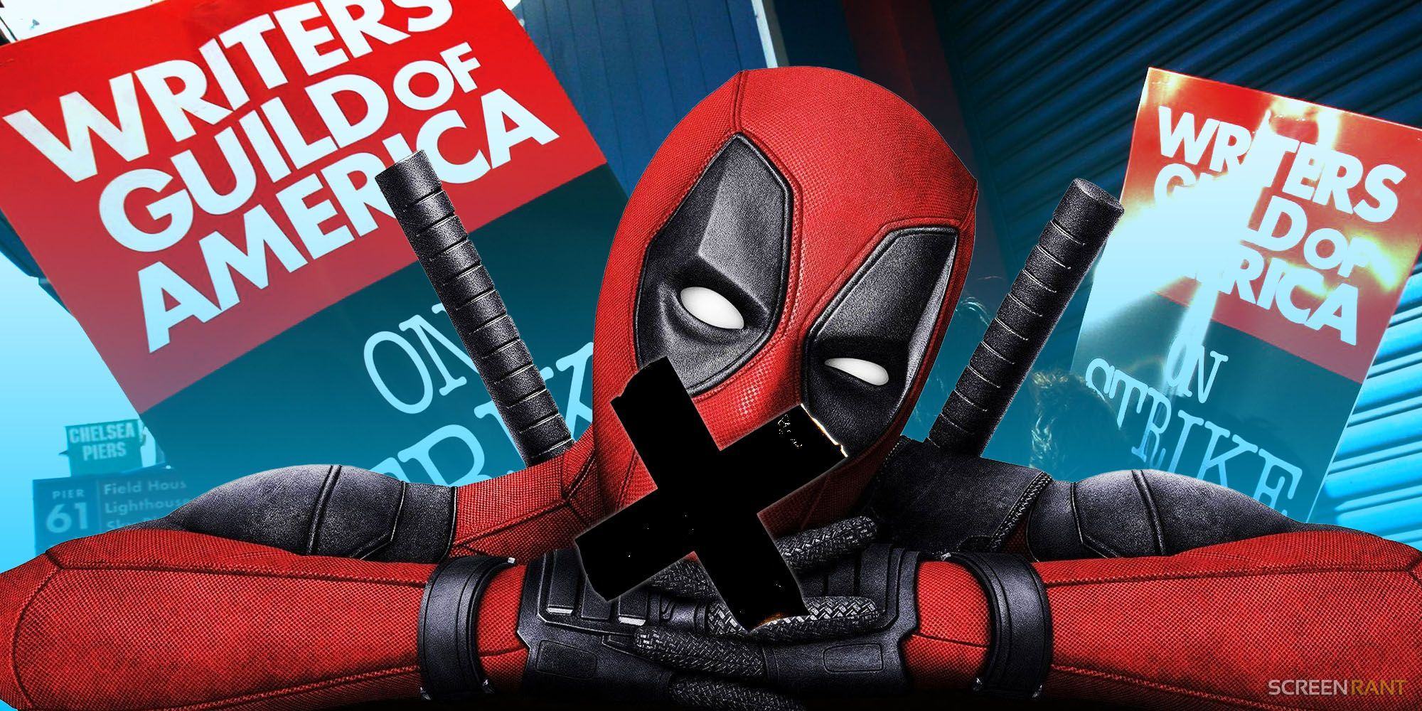 Deadpool with his mouth covered by what looks like black tape in a cross sign, with WGA strike signs behind him at both sides.