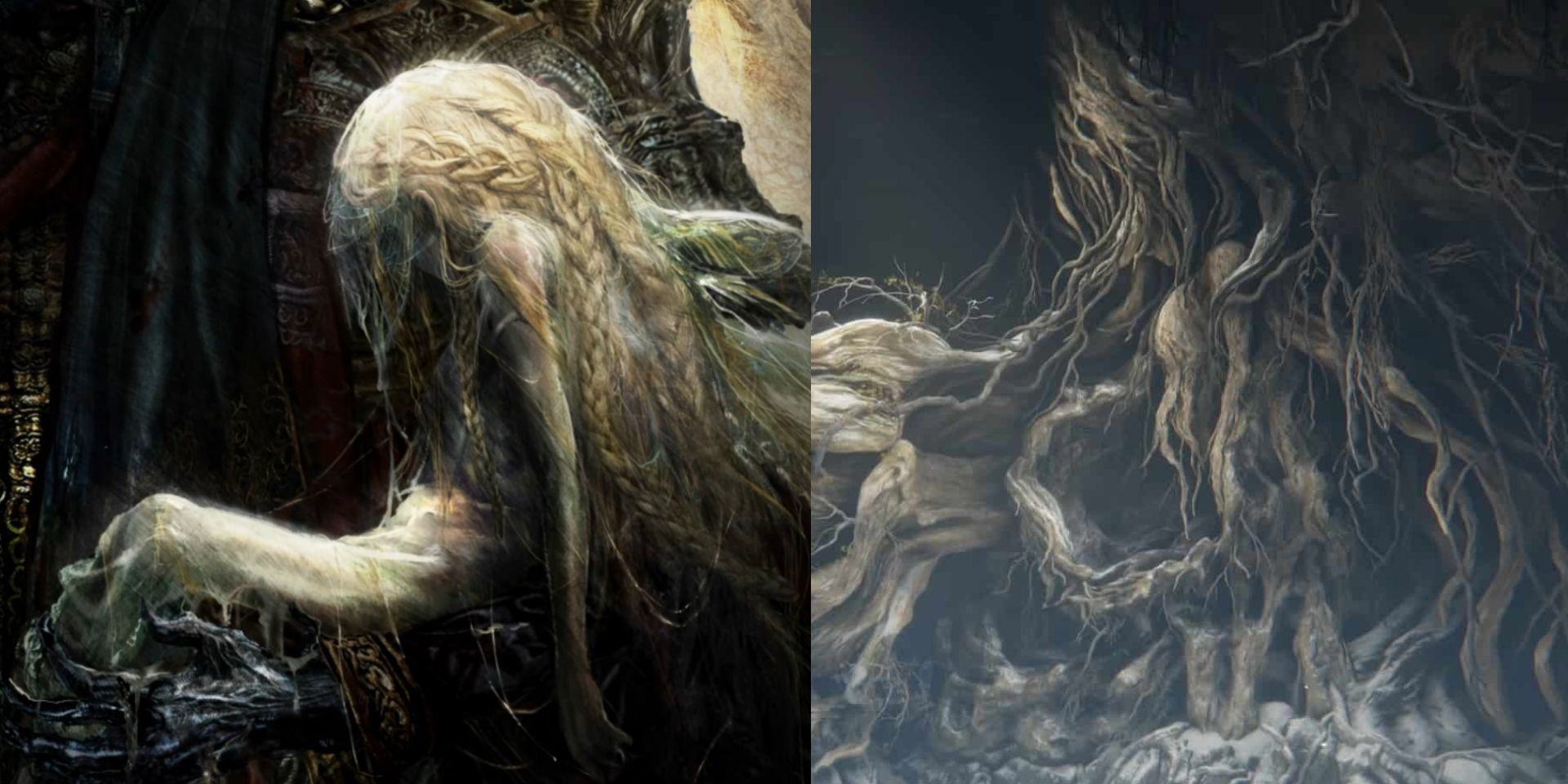 split image of Miquella ghost like body and tree like roots