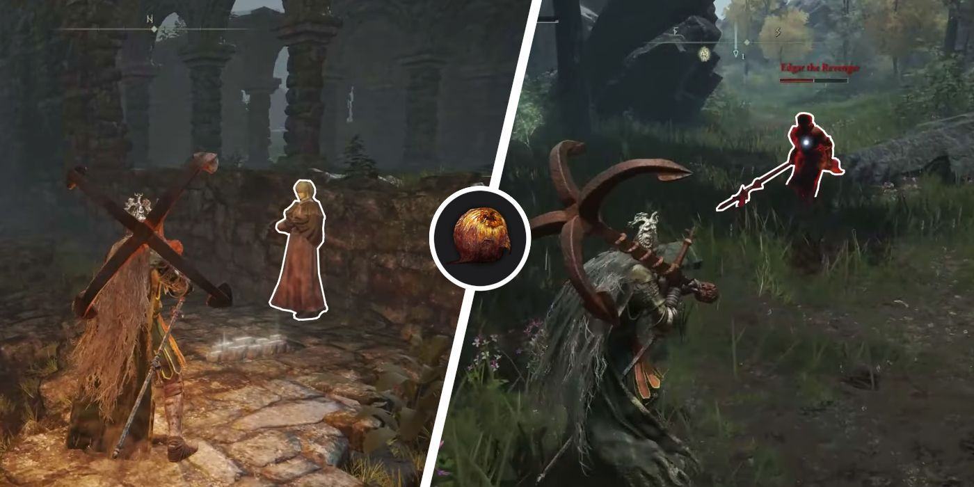 A player in Elden Ring approaching Hyetta, an NPC, next to an image of the same player fighting an invader