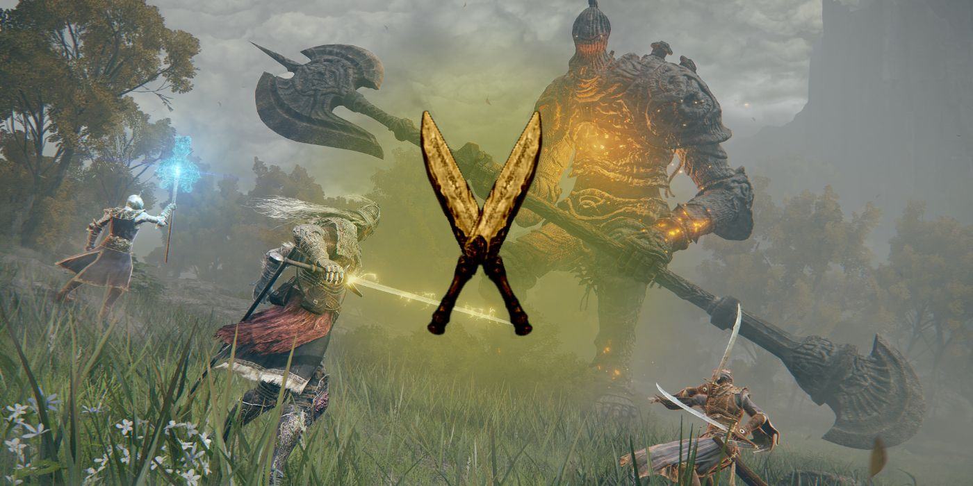 Two Whetstone Knives in Elden Ring superimposed over characters battling a large giant in a field