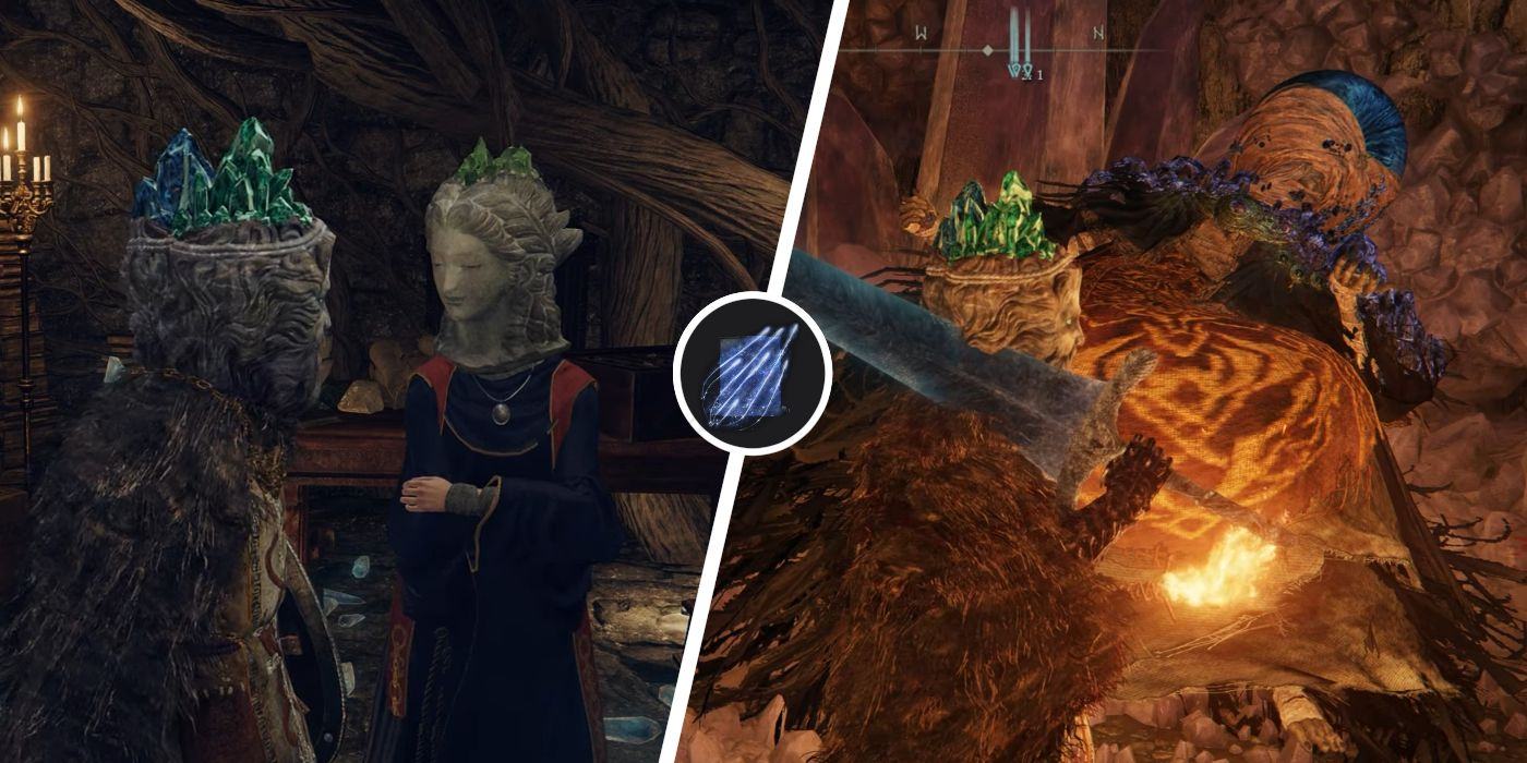 An Elden Ring player talking to Sorceress Sellen next to an image of the same player in front of Master Lustat