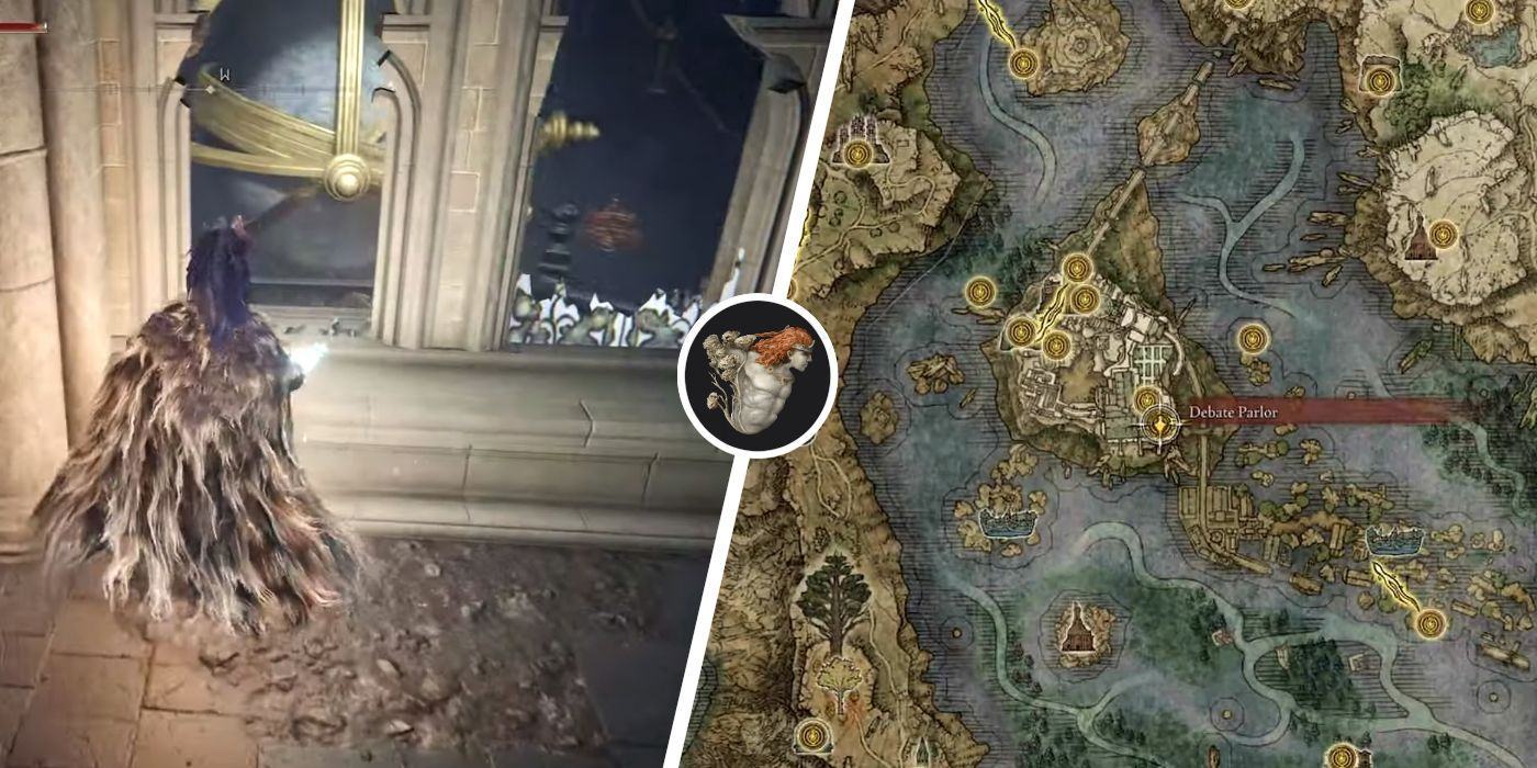 An image of the player finding the Radagon Icon in Elden Ring on the left and, to the right, an image of the map location of the item.