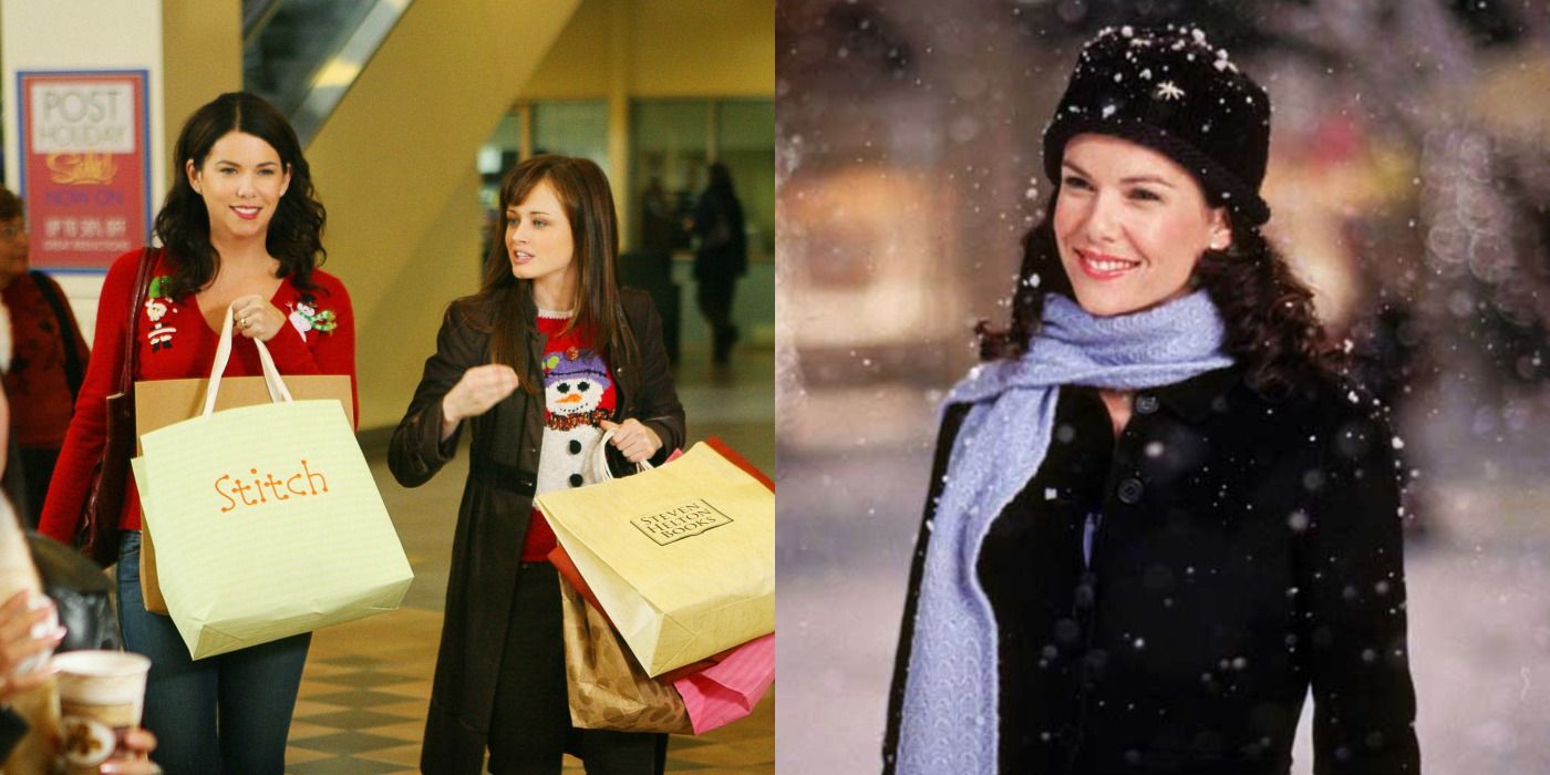 Split image of Rory and Lorelai going Christmas shopping and Lorelai standing in the snow on Gilmore Girls