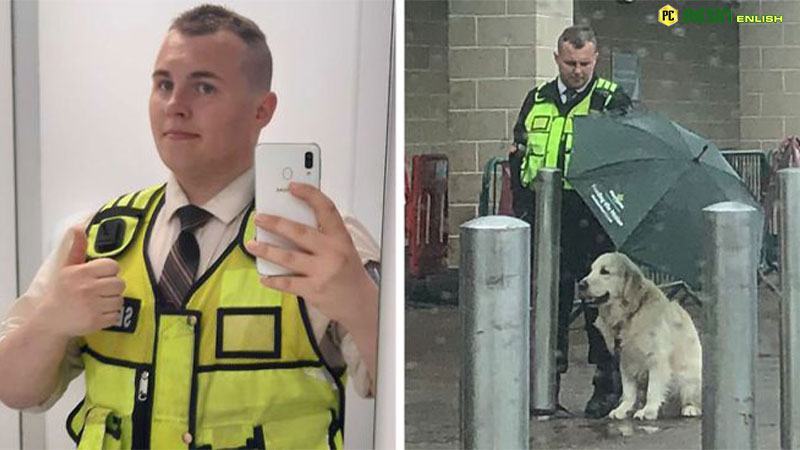 He has a big heart!  Thank you for showing kindness when you least expect it.  A security guard protects the dog from the rain.