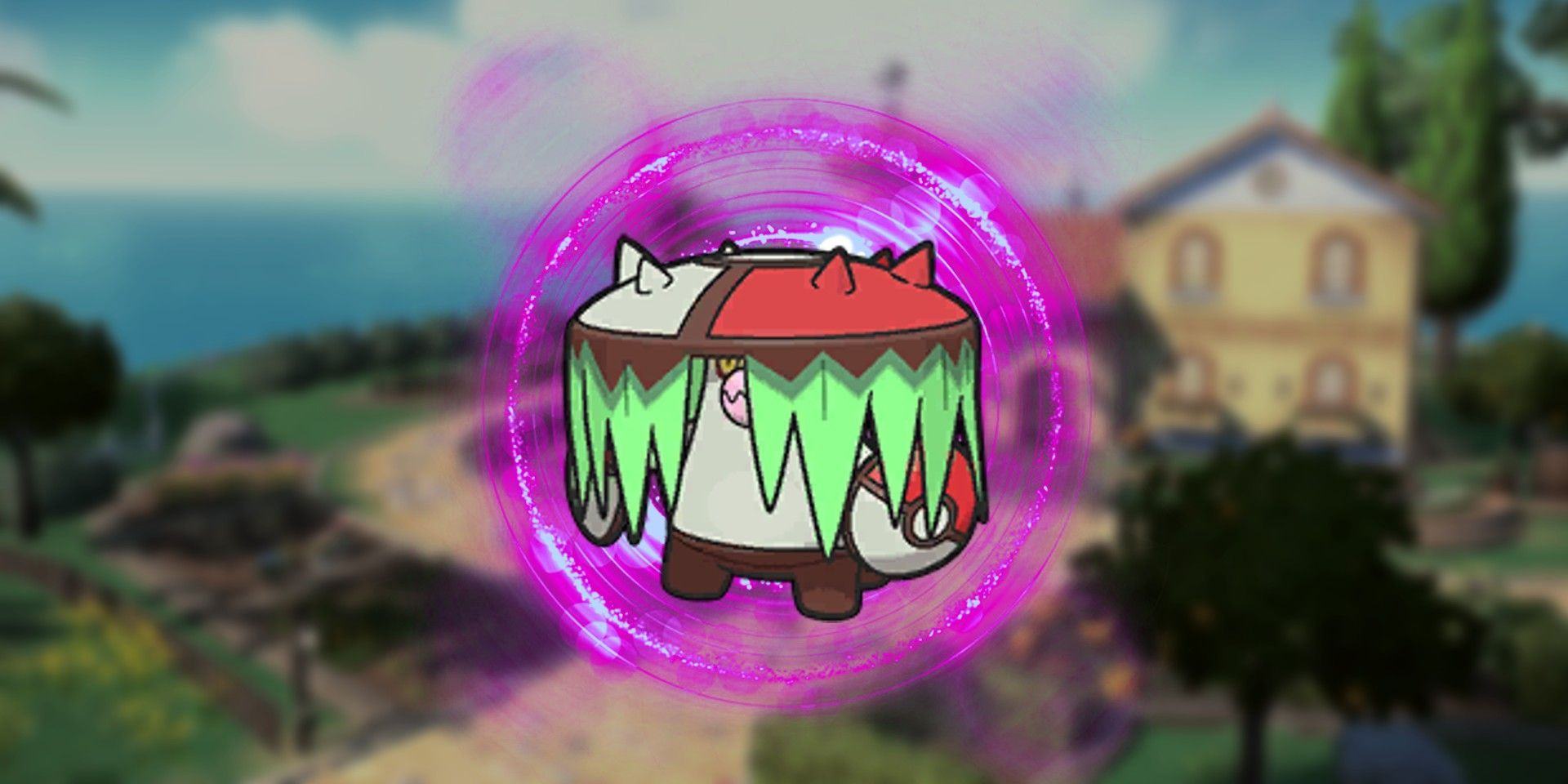 Pokémon Scarlet and Violet's Brute Bonnet with a bright pink circular energy behind it. In the background is the region of Paldea.