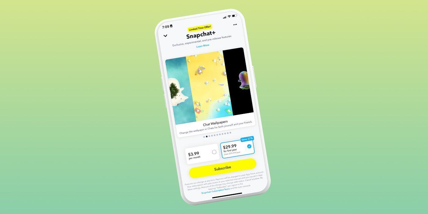 Phone displaying Snapchat+ subscription signup featuring Chat Wallpapers.