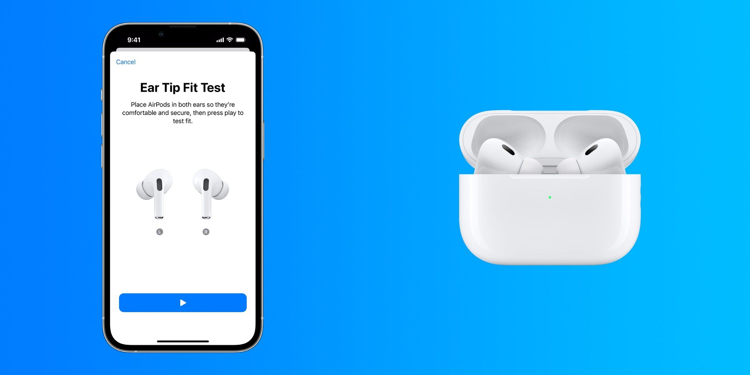 The Ear Tip Fit Test page on iPhone beside a pair of AirPods Pro.