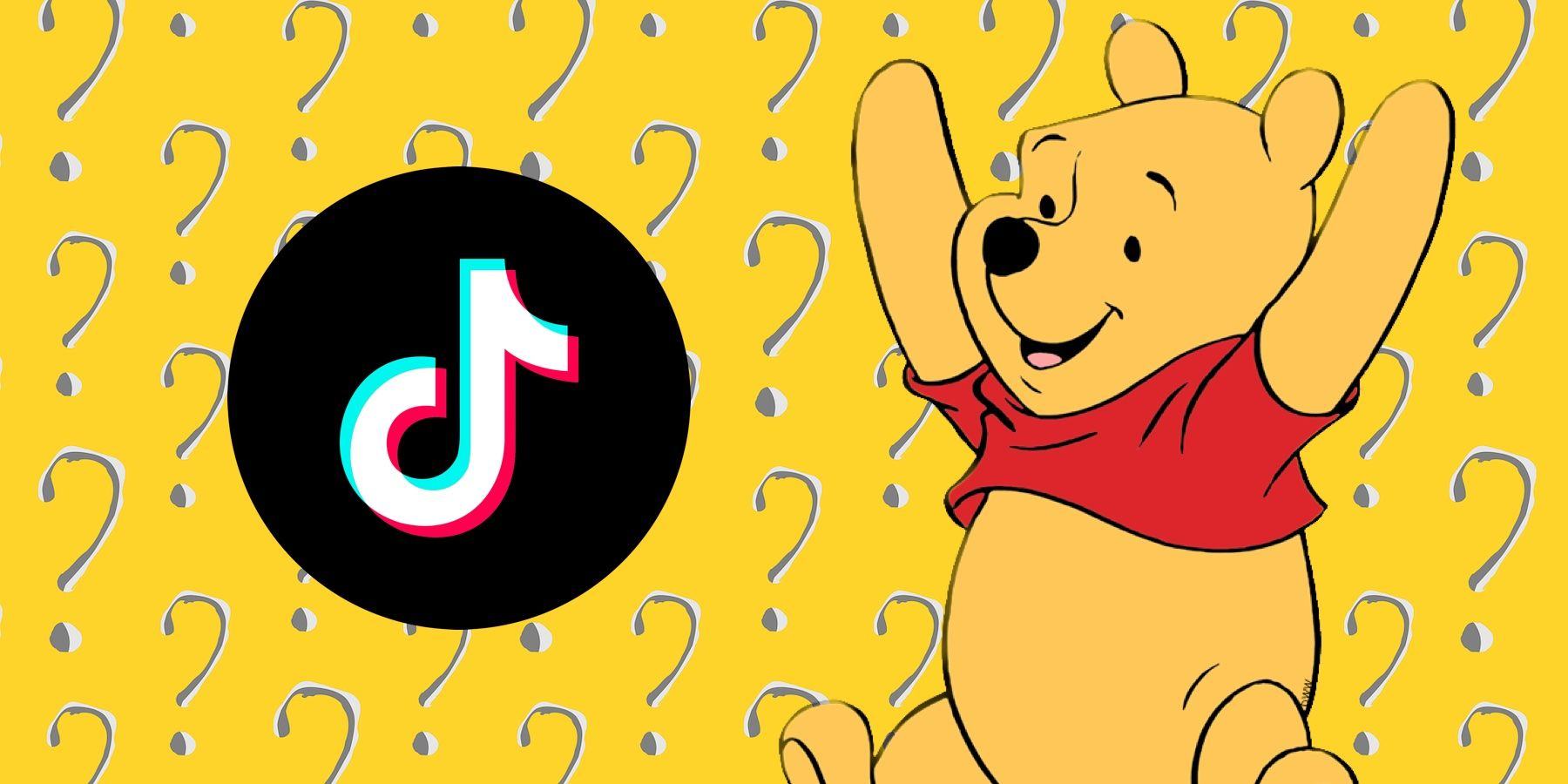 Winnie The Pooh next to TikTok logo on a background of question marks