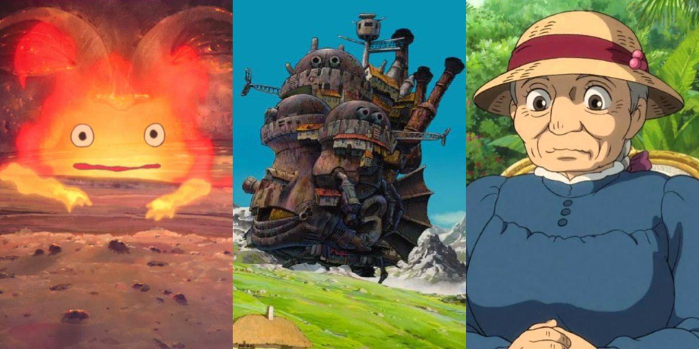 Split image showing Calcifer, the castle, and an elderly Sophie in Howl's Moving Castle