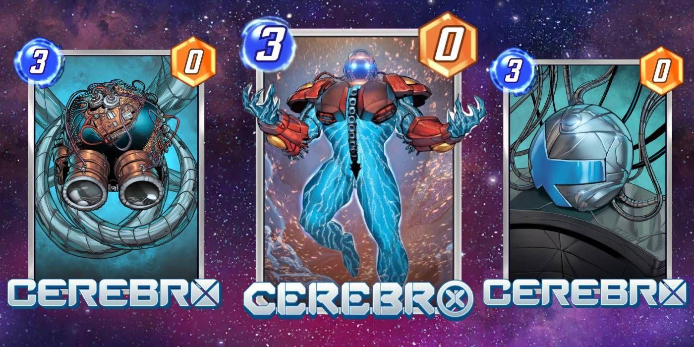 Marvel Snap Cerebro Base Card and Variants on Space Background with Energy and Power Values Displayed