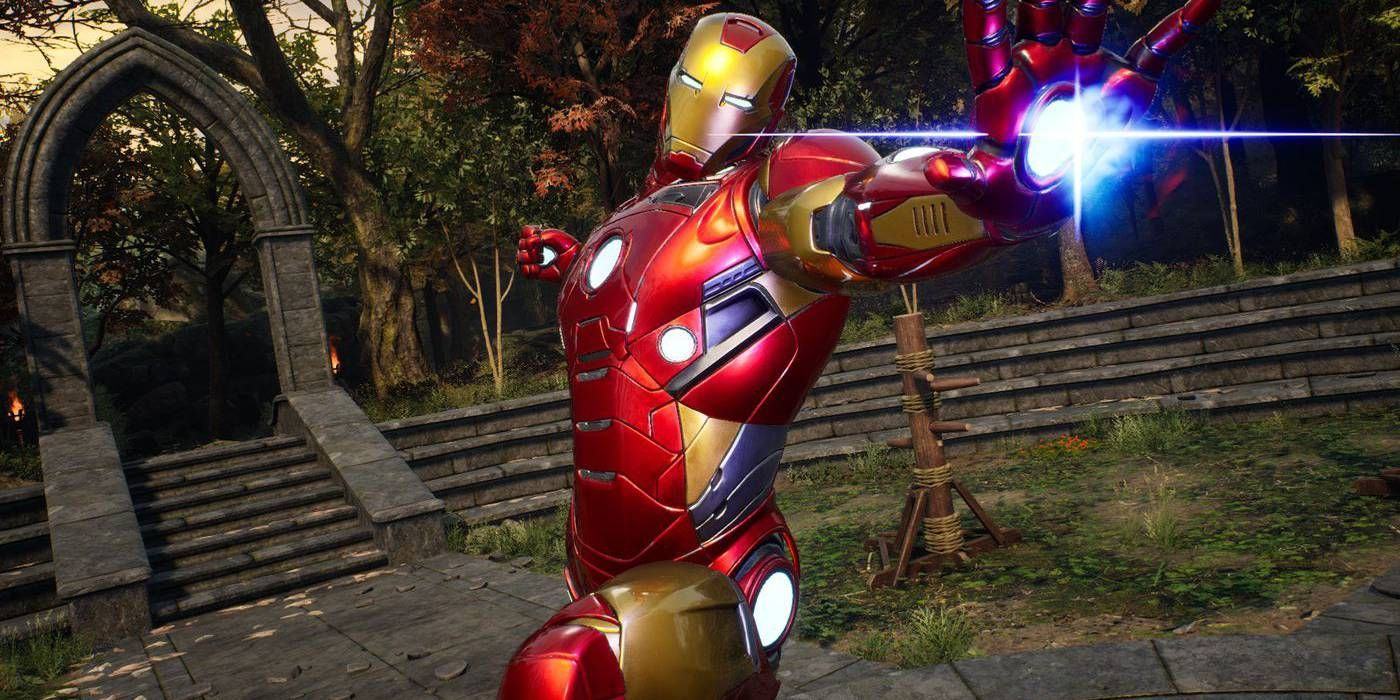 Marvel's Midnight Suns Iron Man Firing Palm Blast in Forest or Temple Area