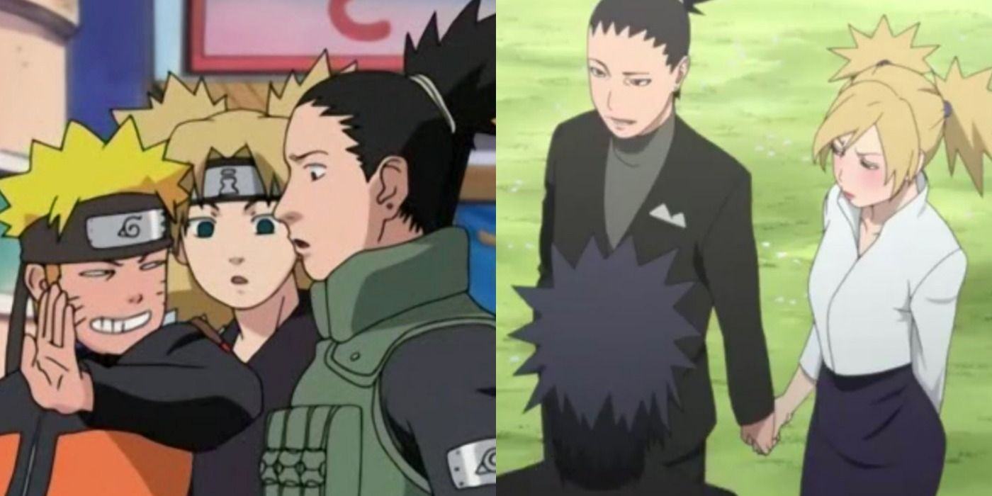 An image of Naruto talking to Temari and Shikamaru on the streets of Konoha alongside an image of Shikamaru and Temari holding hands while attending Naruto's wedding