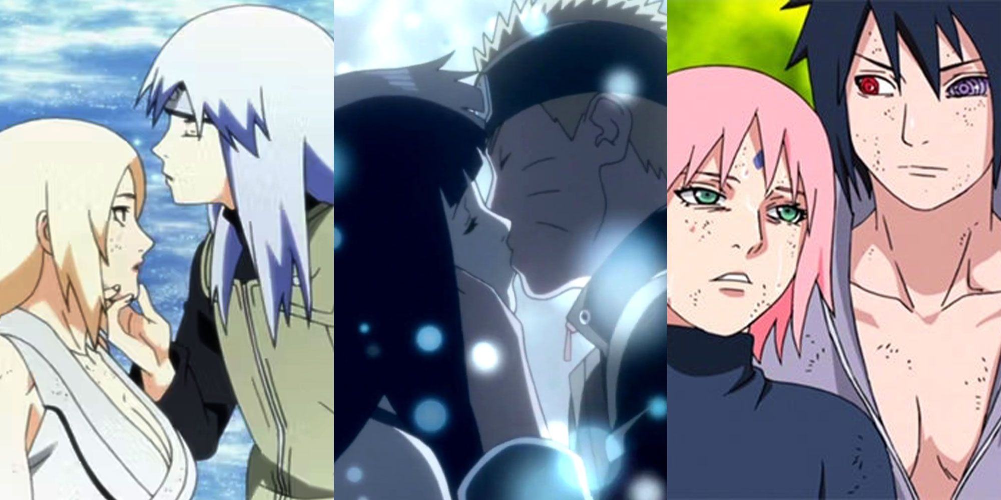 A split image features Naruto relationships including Tsunade and Dan, Hinata and Naruto, and Sakura and Sasuke