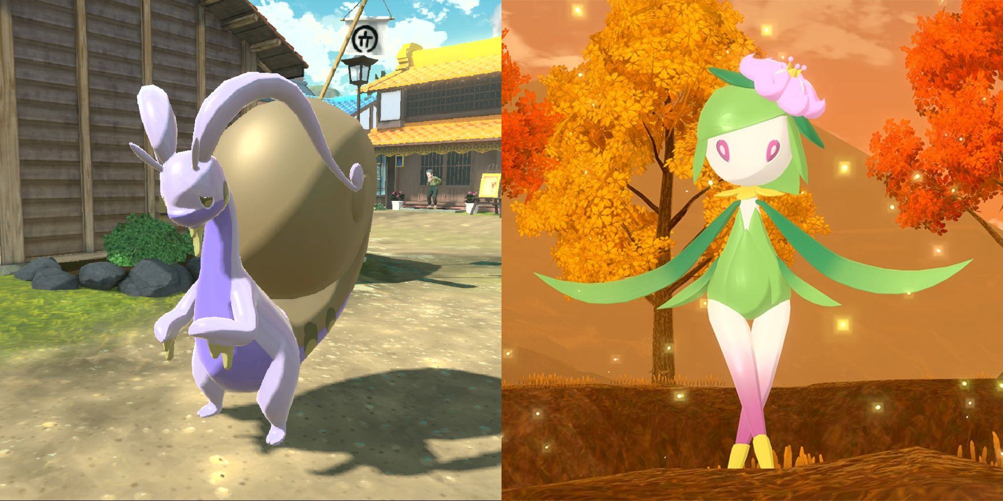 Split image showing Hisuian Goodra and Hisuian Lilligant in Pokémon Legends Arceus.