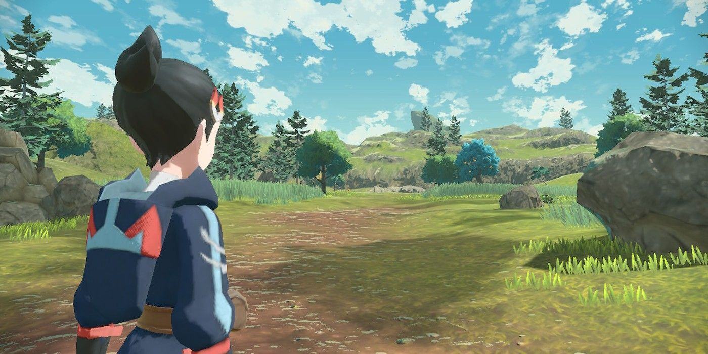 A trainer in Pokémon Legends: Arceus staring out over an empty field