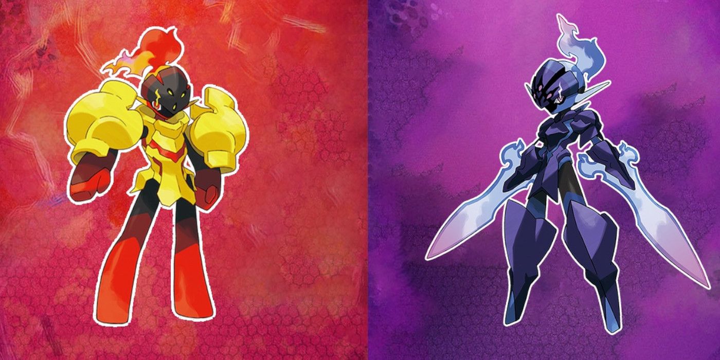 Pokémon Scarlet's Armarouge on the left, and Pokémon Violet's Ceruledge on the right, both in front of color-coordinated backgrounds for each game.