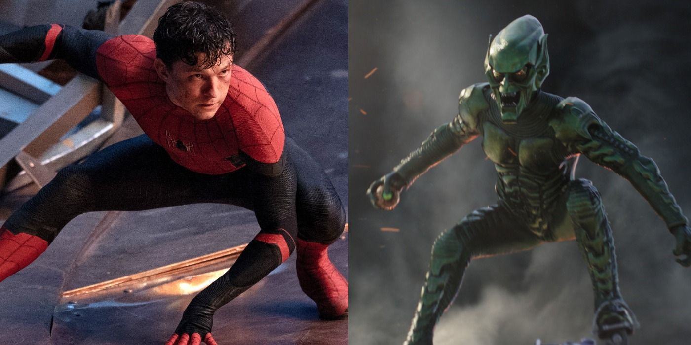 Split image: Spider-Man with his mask off, Green Goblin flying in Spider-Man: No Way Home.