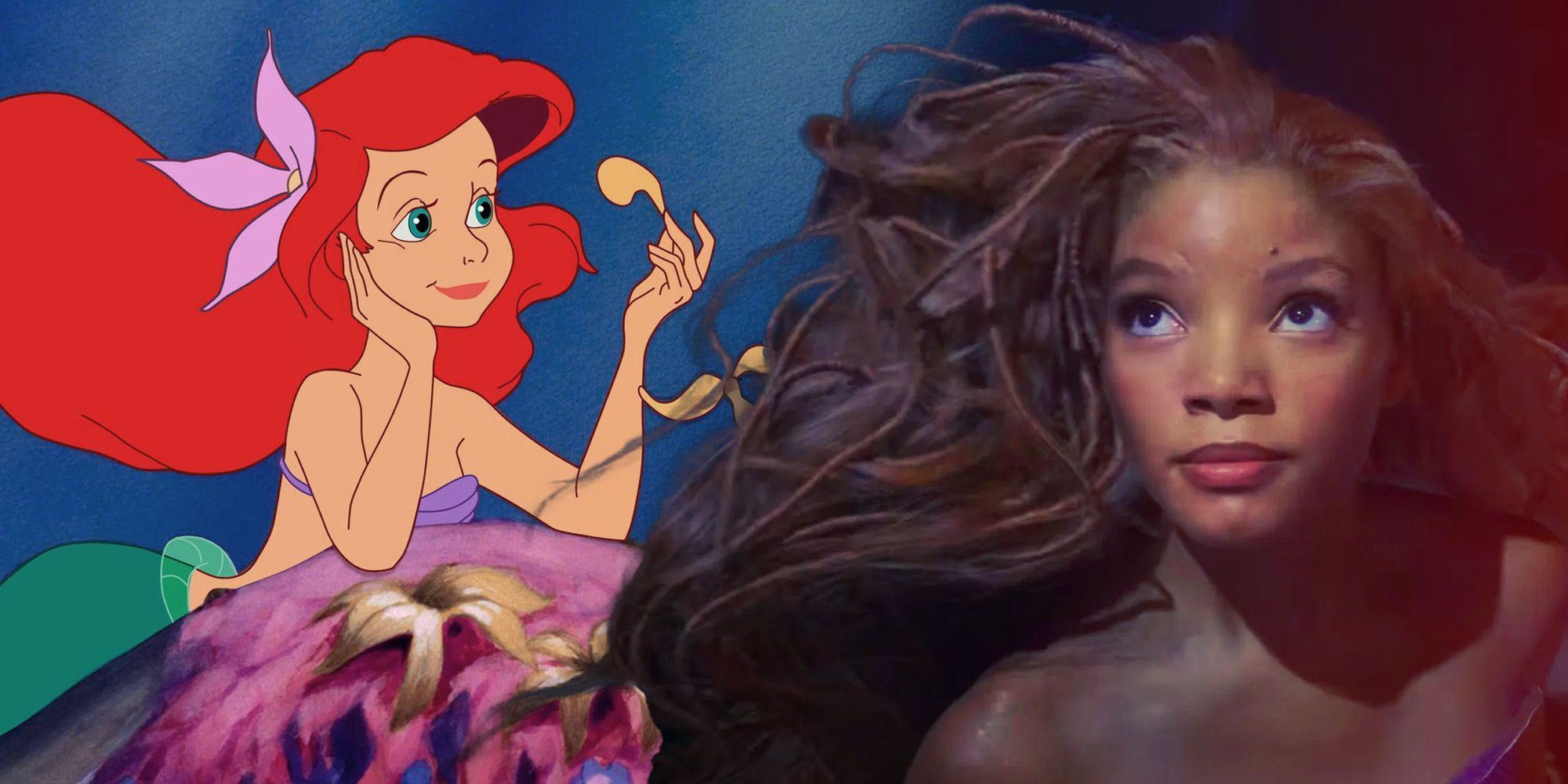 Custom image of animated Ariel next to live-action Ariel from The Little Mermaid