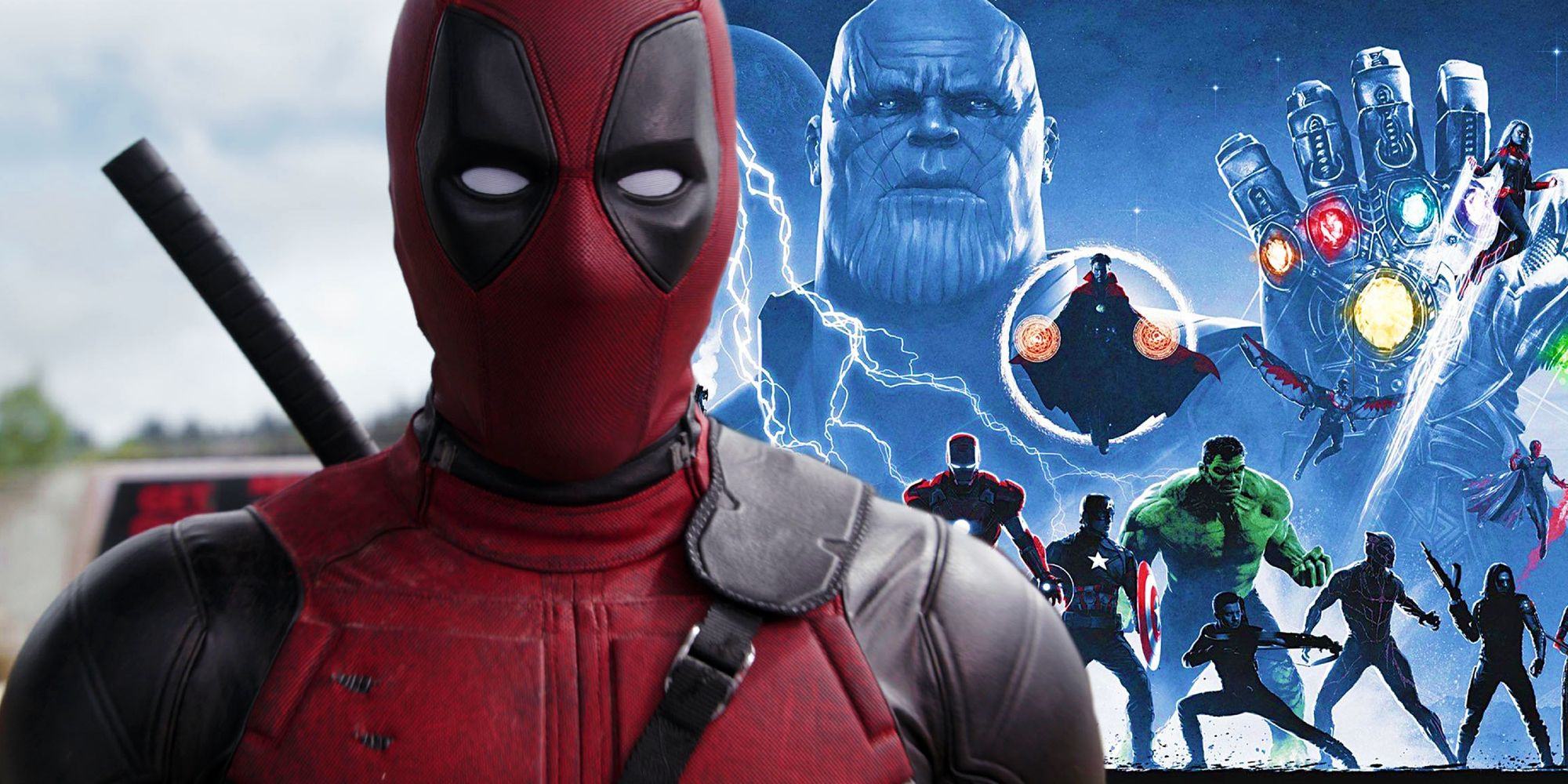 Deadpool from 2016's Deadpool next to artwork for the Infinity Saga of the MCU