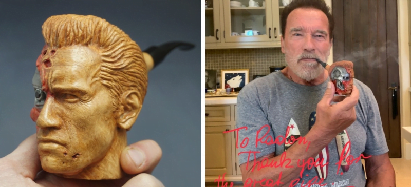 The sculptor gave the pipe to Arnold Schwarzenegger.  He thanked the boss, and that was better than money for the order