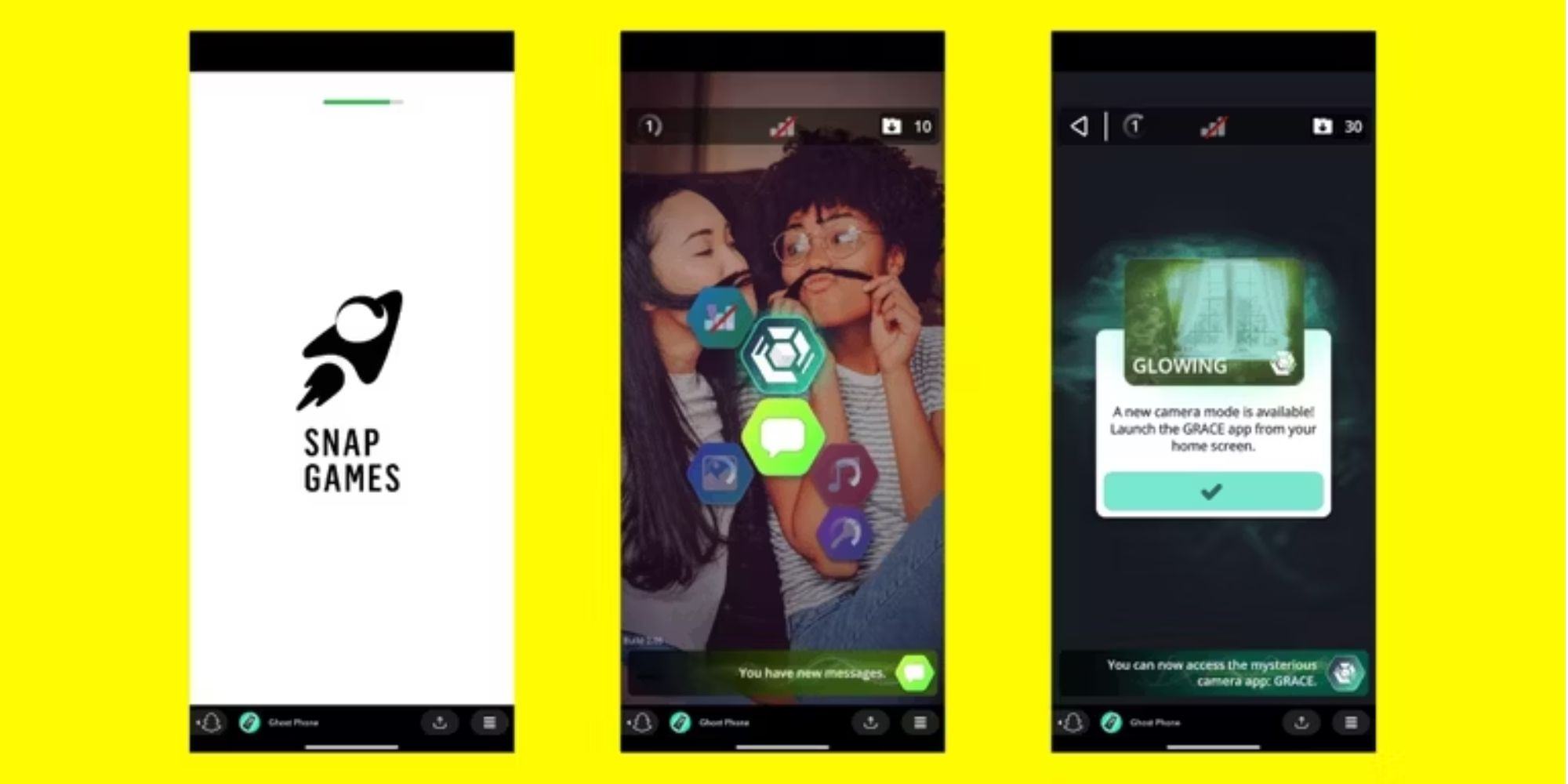 screenshots of the Snapchat Ghost AR game released in July 2022 over a yellow background