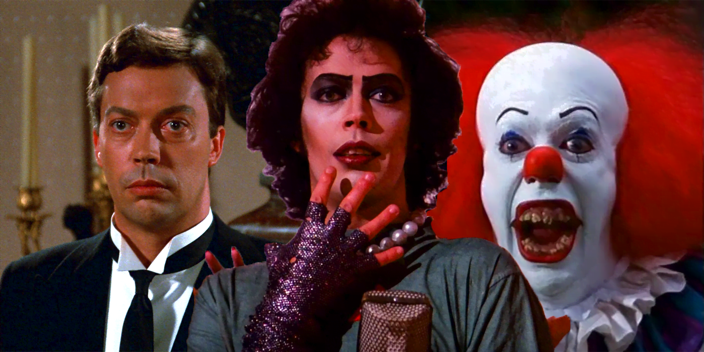 Tim Curry as Wadsworth in Clue, Dr. Frank-N-Furter in Rocky Horror Picture Show, and Pennywise in It