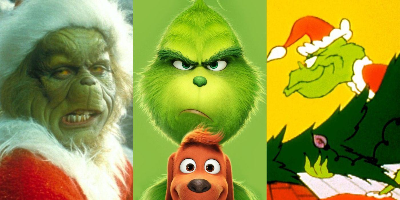 A split screen of the Grinch movies.