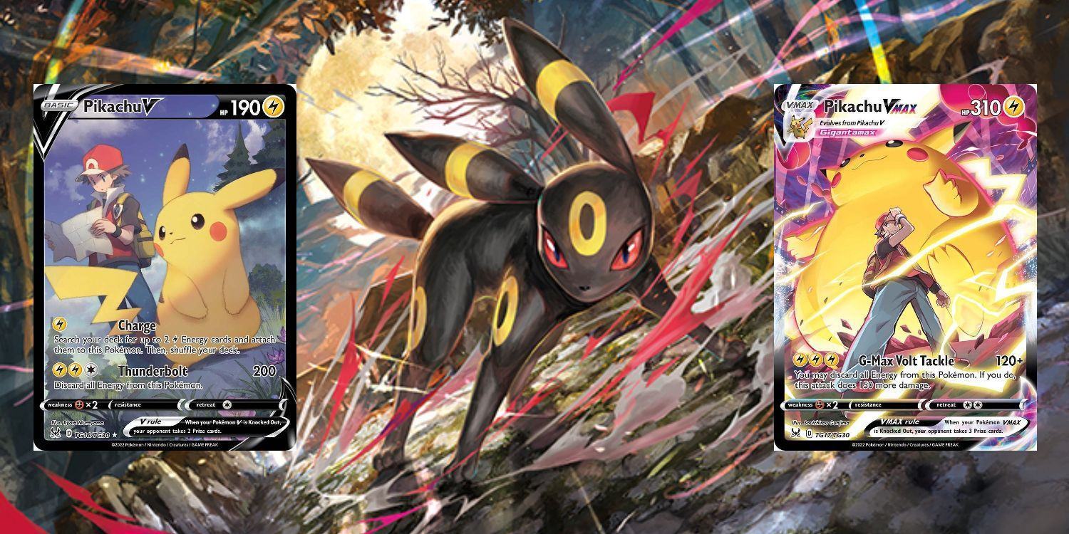 Image of Umbreon, Pikachu V, and Pikachu VMAX from Pokémon TCG