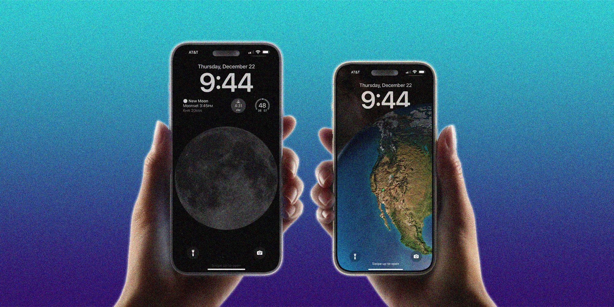 iPhone ios 16 astronomy wallpapers shown on two different iPhones with a person's hand holding them