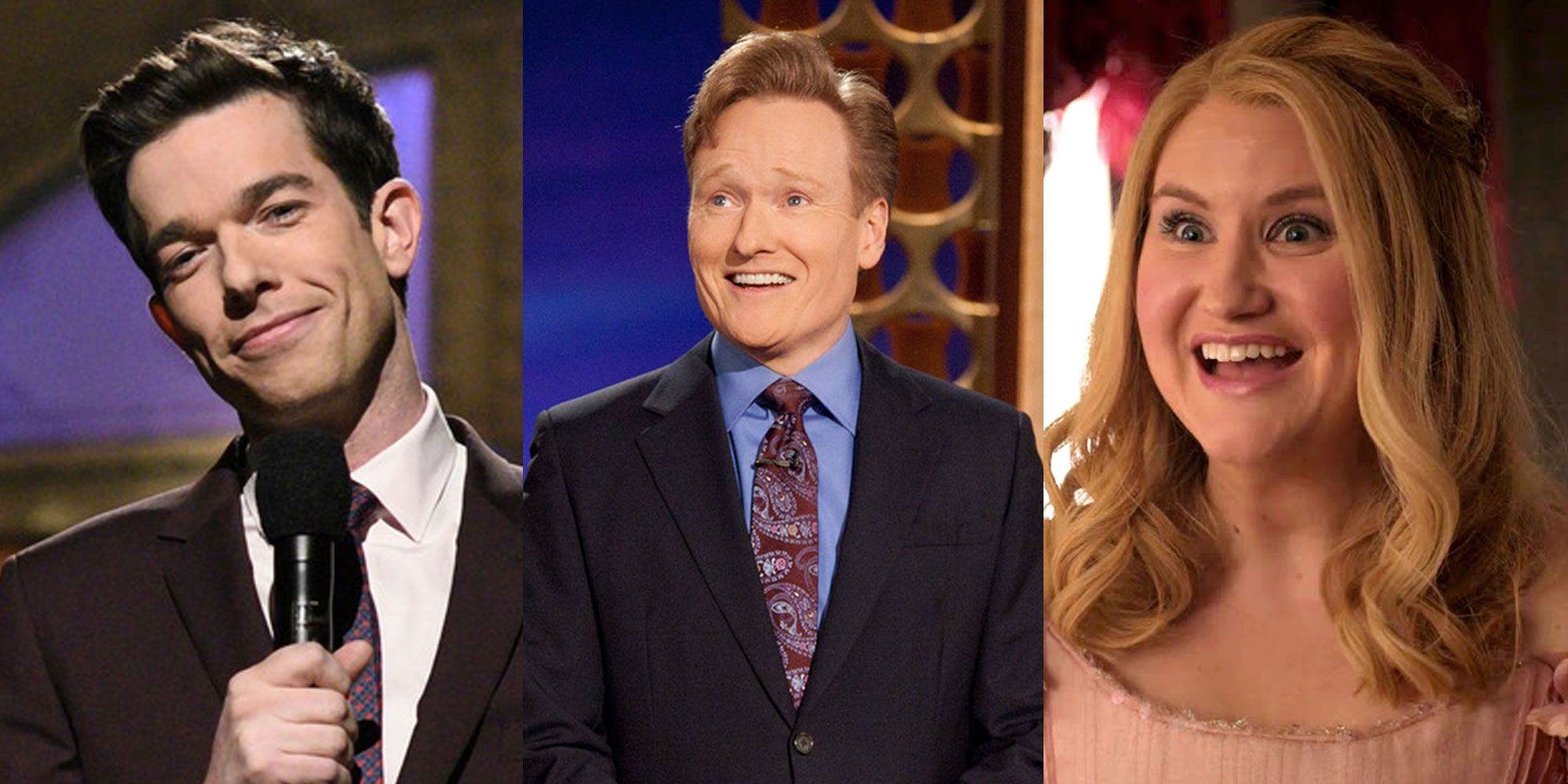three way split image of SNL writers John Mulaney, Conan o'brien and jillian bell