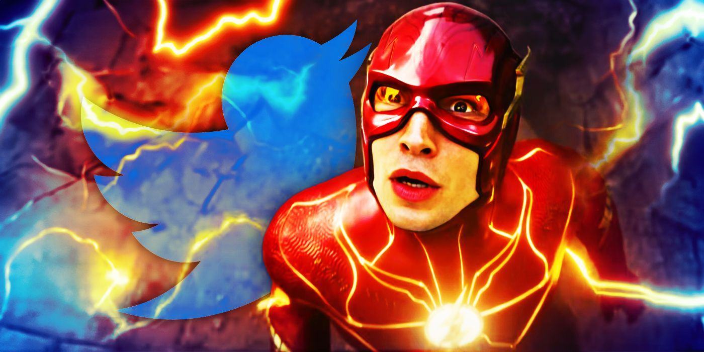 Ezra Miller as the Flash looking up in disbelief with the Twitter logo behind them and lightning all around..