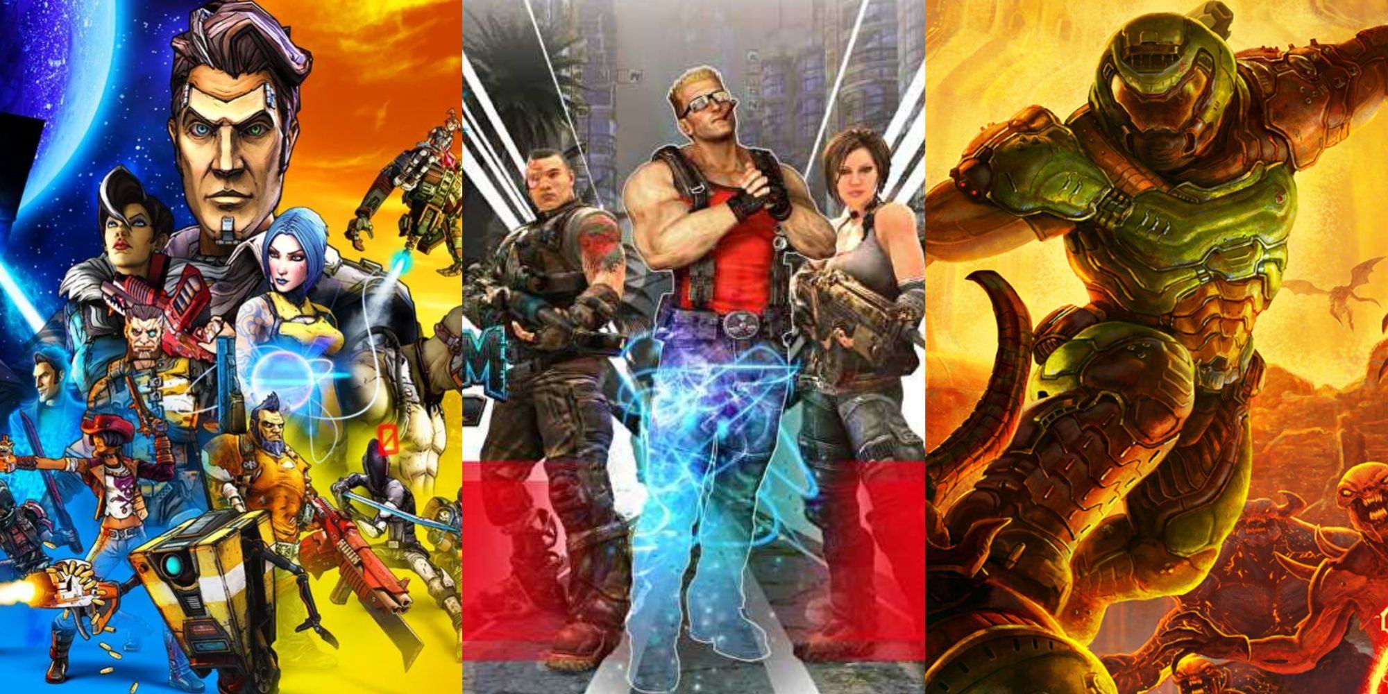 Split image of Borderlands, Bulletstorm and Doom characters