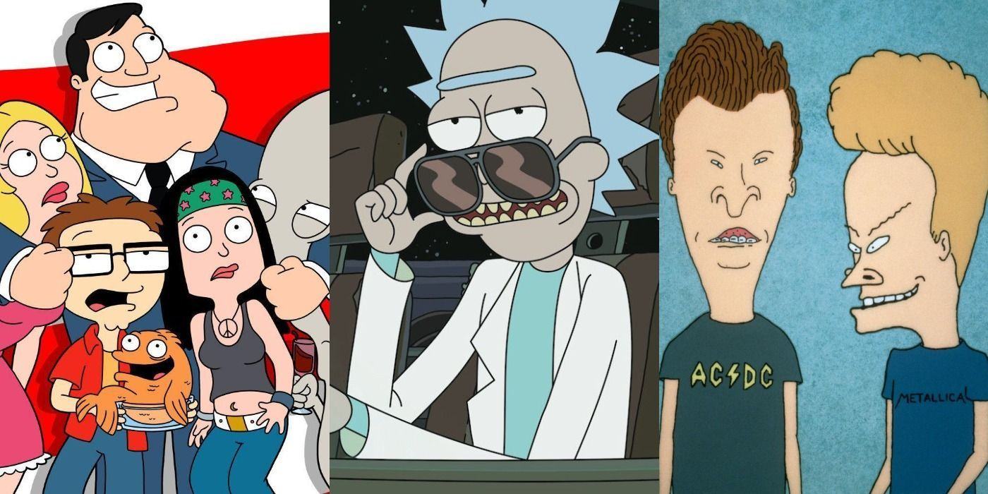 Split image of adult cartoons like American Dad, Rick and Morty, and Beavis and Butthead.