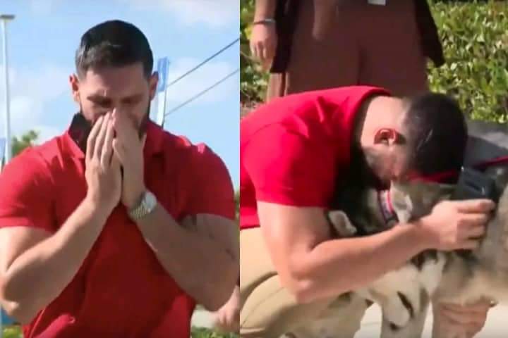 A heartwarming shot.  A man is deeply moved after finding his two lost dogs during an adoption photo shoot