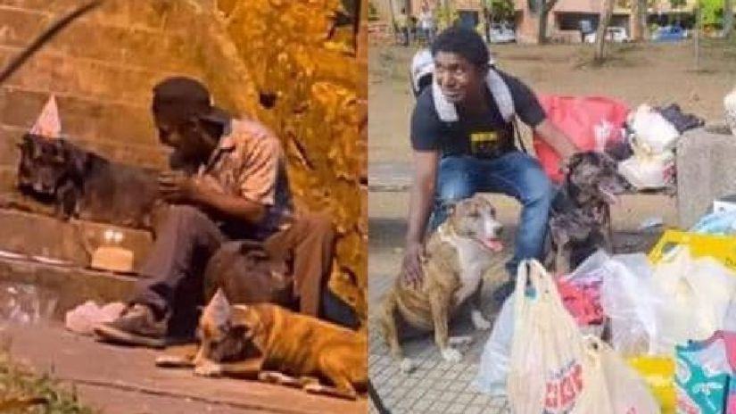 A kind homeless man celebrates the birthday of one of his dogs with a birthday cake, candles, and hat.