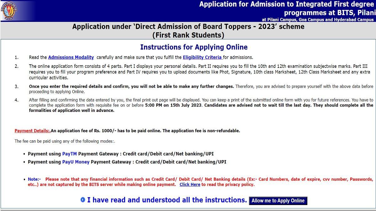 BITS Pilani 2023 Toppers Direct Admissions