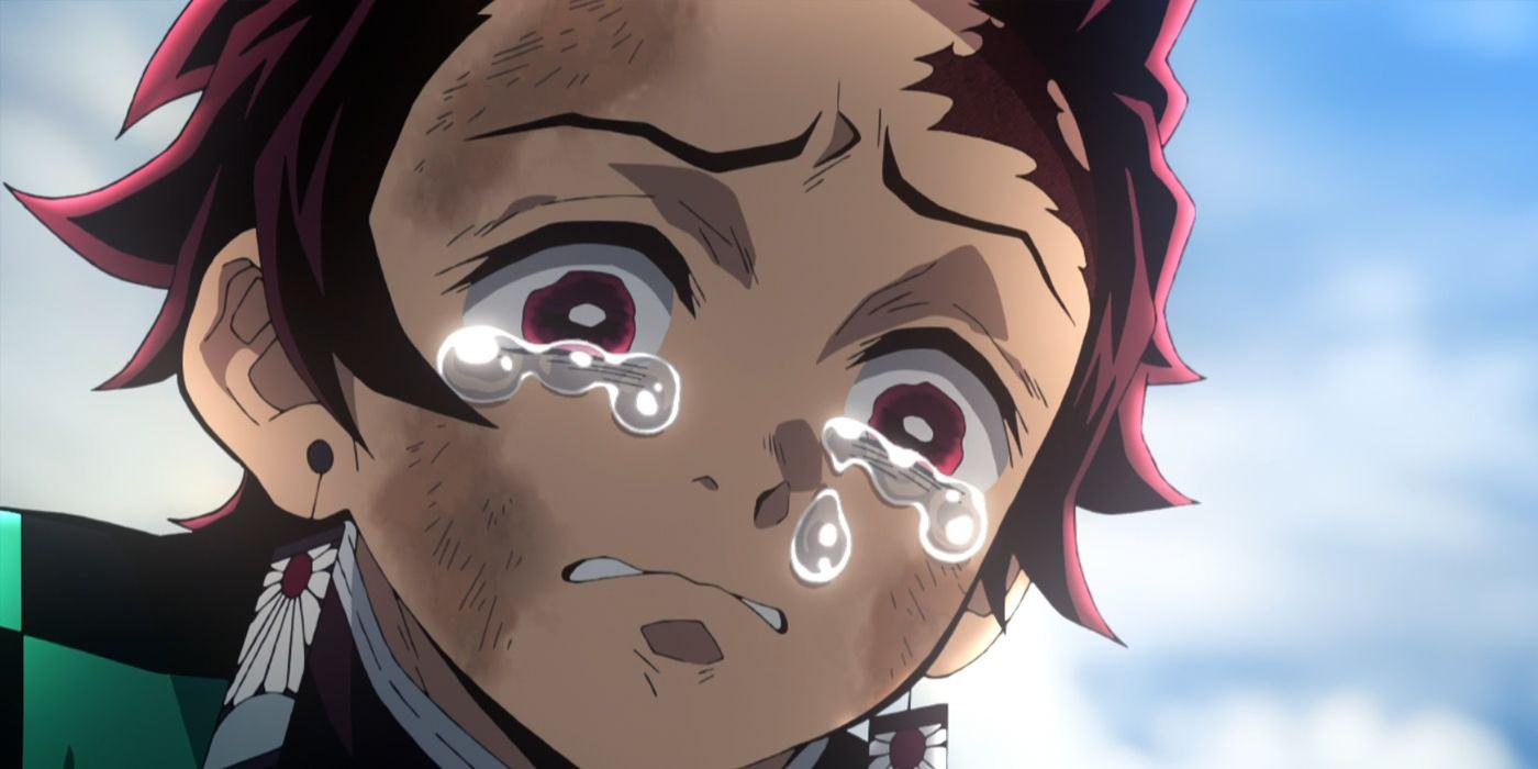 Demon Slayer's Tanjiro, crying in the Mugen Train film.