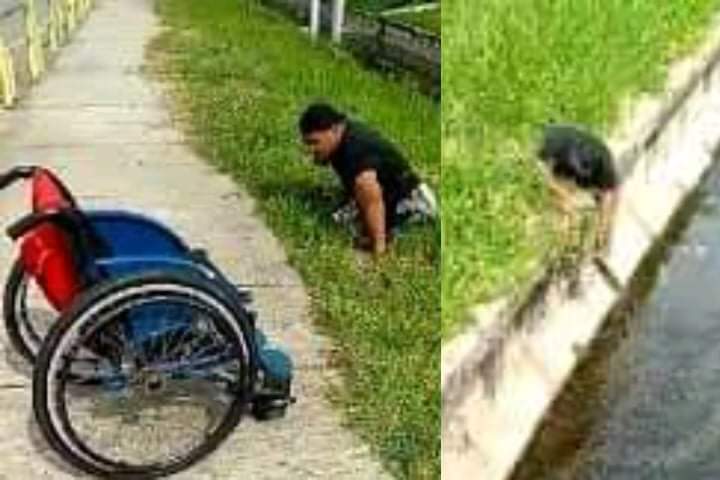 Disabled man gets out of wheelchair risking his life to save cat stuck in sewer