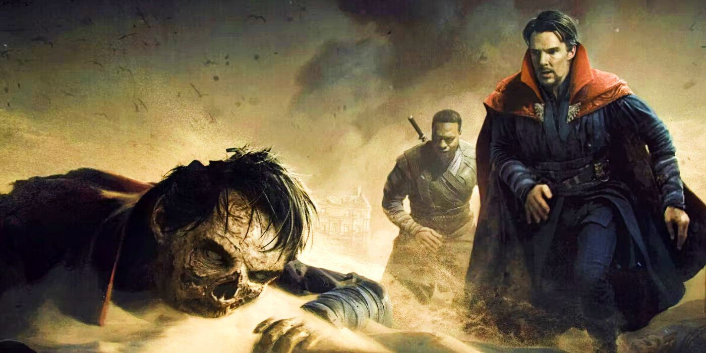 Doctor Strange 2 concept art of Strange and Mordo finding a dead Strange variant