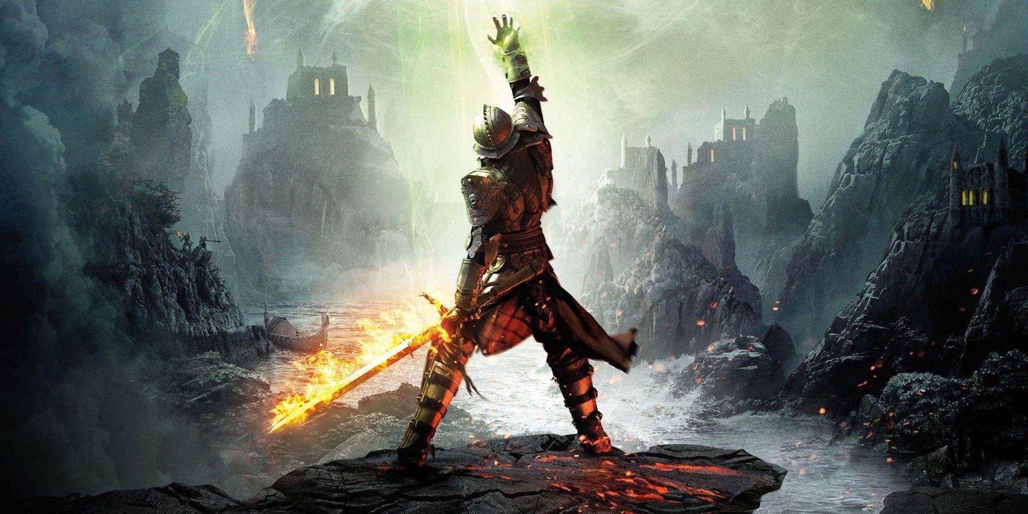 The Inquisitor holding a flaming sword and reaching out of the heaven in Dragon Age Inquisition Inquisitor Cover