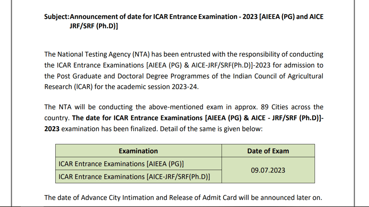 ICAR PG, PhD Entrance Exam 2023 date announced