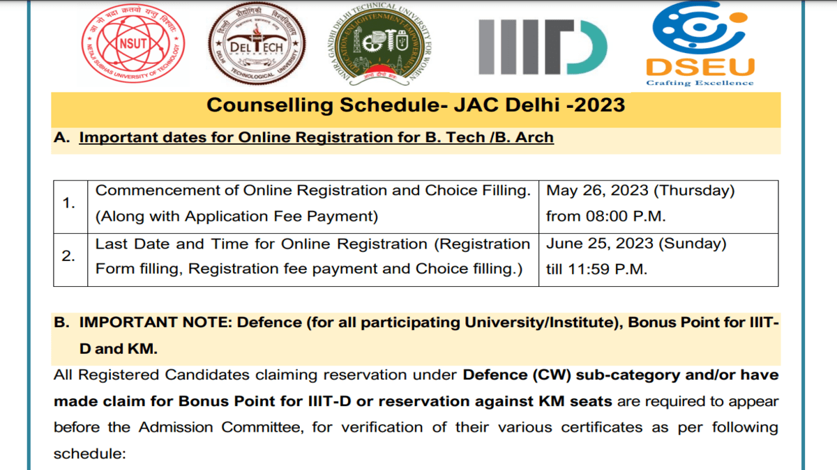 JAC Delhi Counselling 2023 Dates Announced