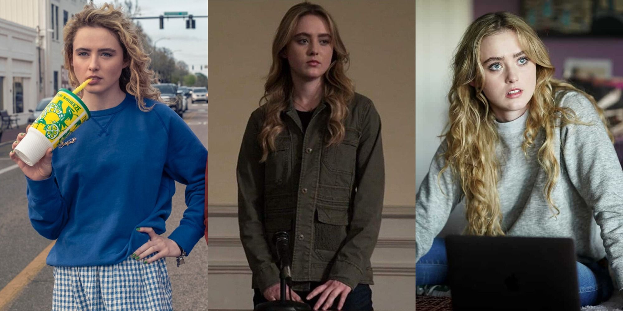 Split image of Kathryn Newton in The Map of Tiny Perfect Things, The Society and Big Little Lies