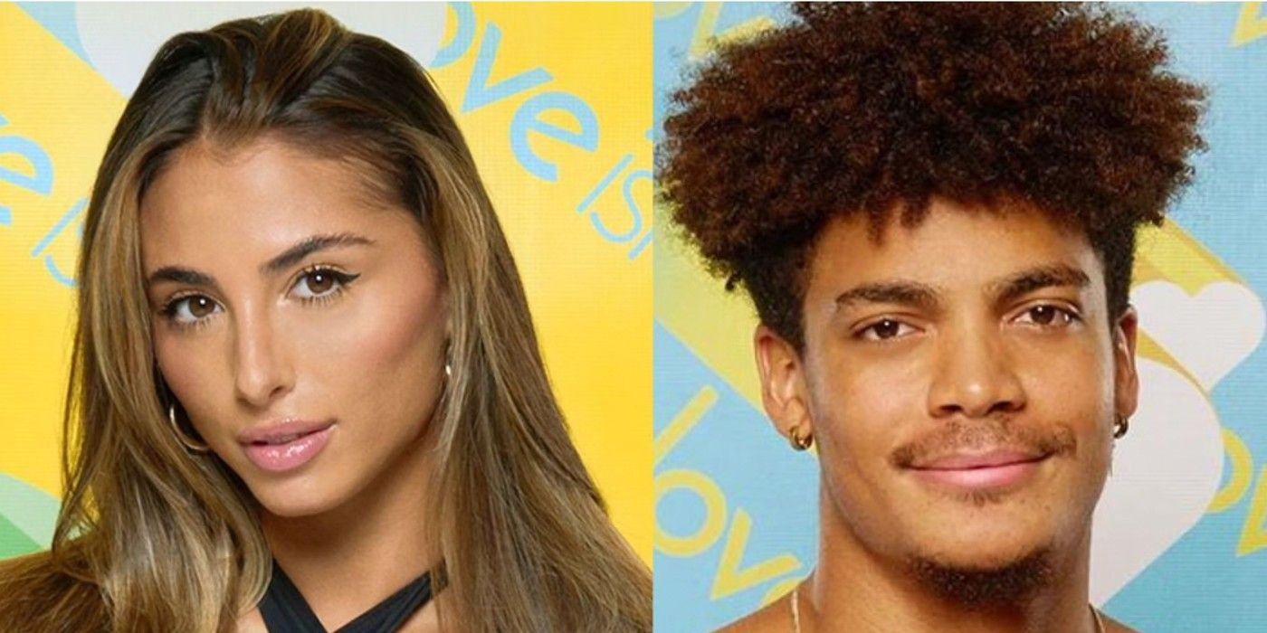 Phoebe Siegel and Chad Robinson from Love Island USA's promo photos side by side