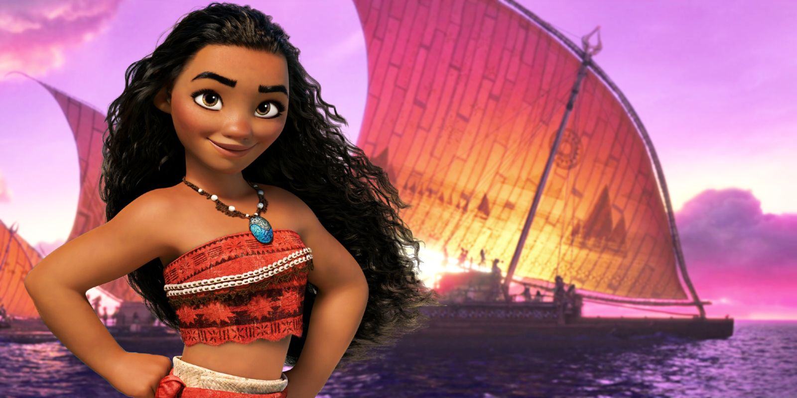 Moana in front of a boat