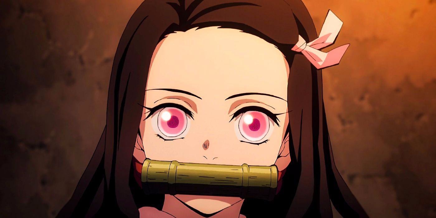 A close-up of Nezuko Kamado's face in Demon Slayer