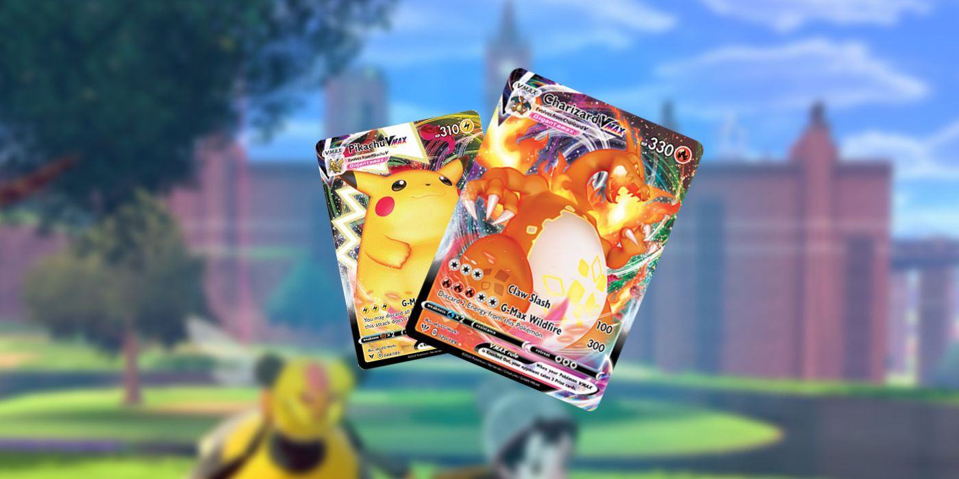 Pokemon VMAX Cards superimposed over a blurry scene from Pokémon Shield