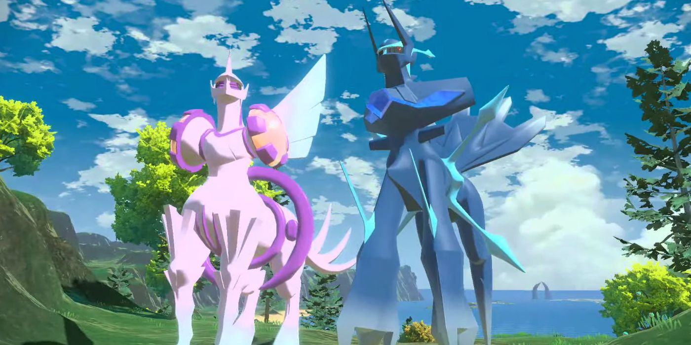 Dialga and Palkia standing in a grassy field in front of an ocean in Pokémon Legends Arceus