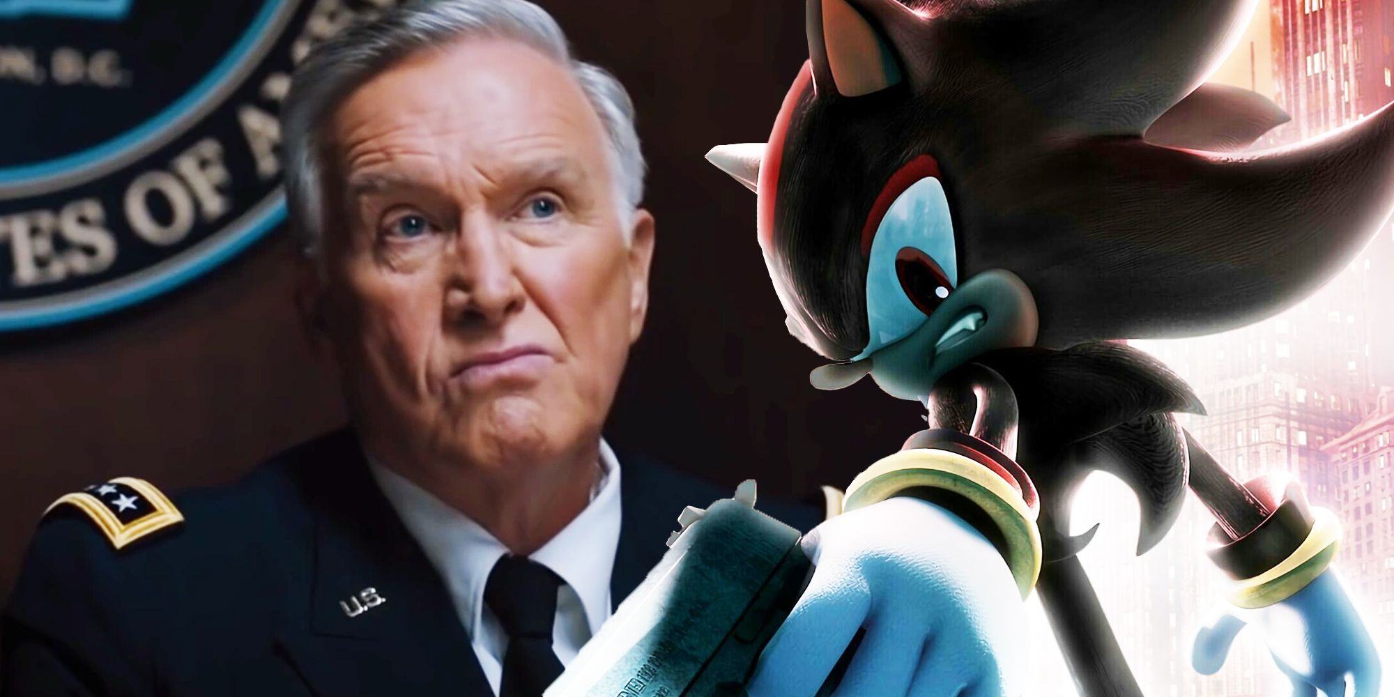 Shadow the Hedgehog and the commander of GUN.